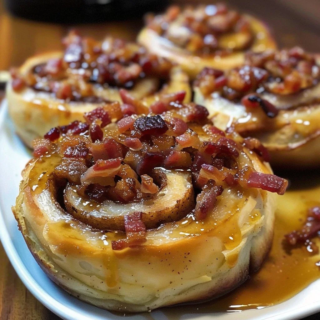 Bourbon Maple Bacon Cinnamon Rolls topped with delicious glaze