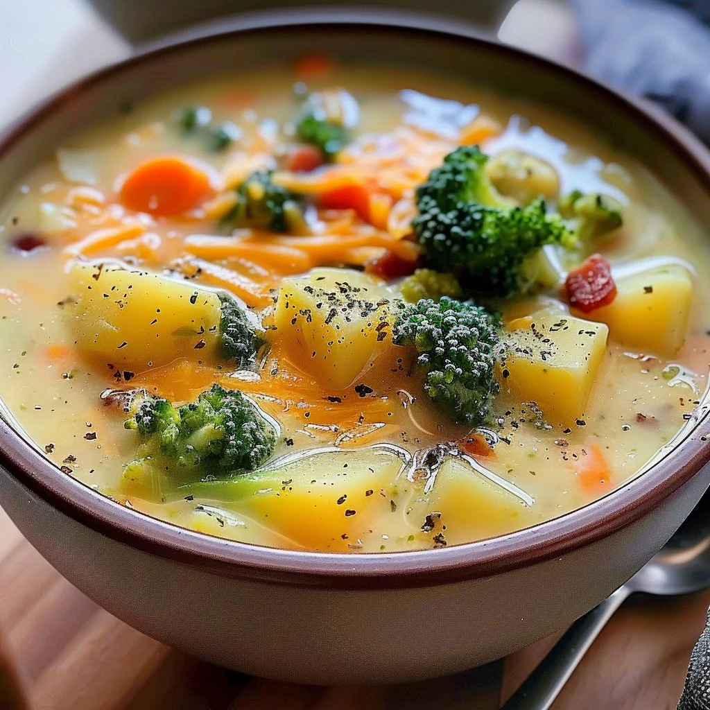 Bowl of creamy broccoli potato soup garnished with fresh herbs