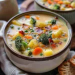 Delicious bowl of broccoli potato soup topped with fresh herbs