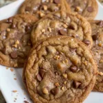 Delicious brown butter espresso toffee chocolate chip cookies on a plate