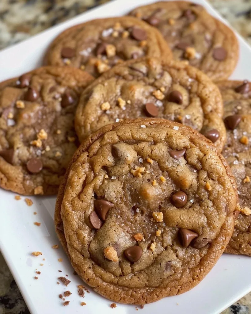 Delicious brown butter espresso toffee chocolate chip cookies on a plate