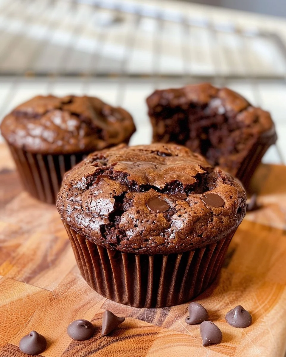 Freshly baked brownie muffins with chocolate chunks on a cooling rack.
