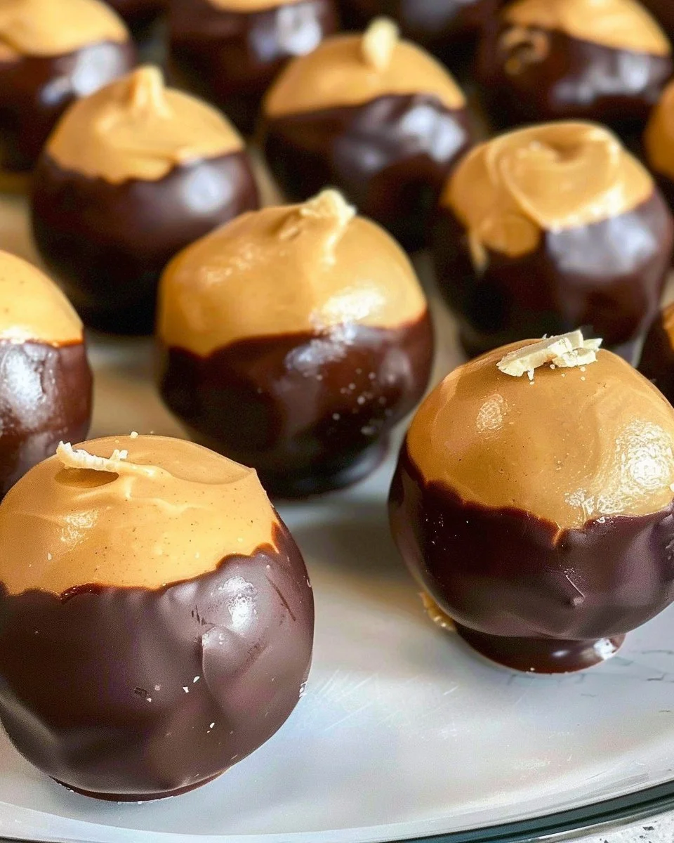 Delicious Buckeyes peanut butter balls coated in chocolate.