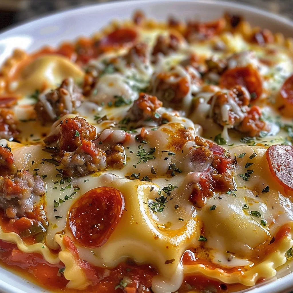 Cheesy Pizza Ravioli Bake