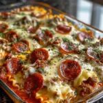 Cheesy pizza ravioli bake topped with melted cheese and fresh herbs