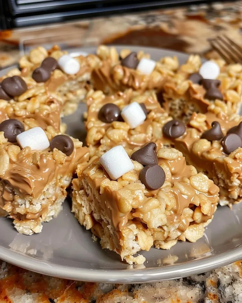 Chocolate peanut butter rice crispy treats stacked on a plate