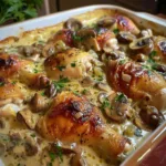 Creamy baked chicken mushroom dish served with herbs and spices