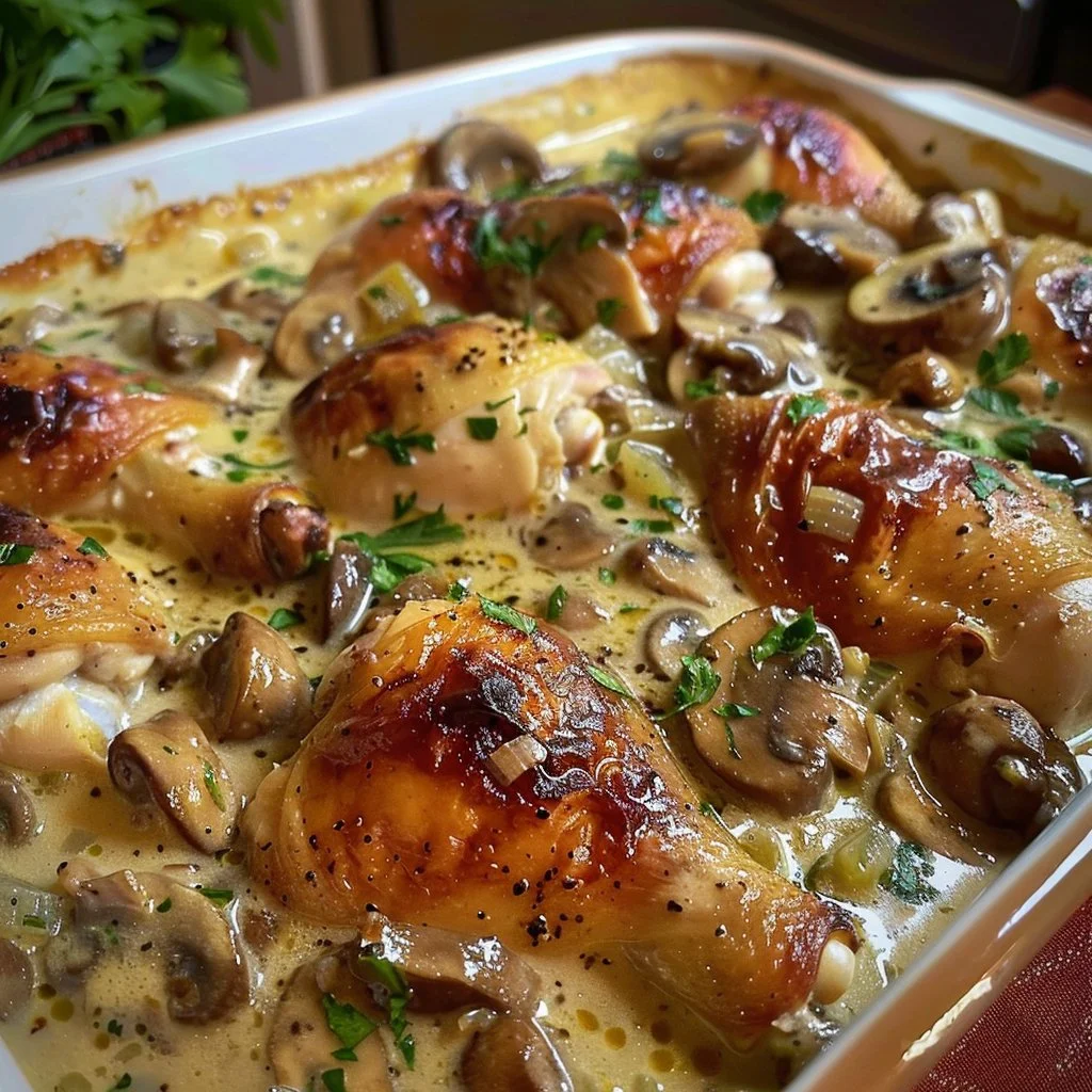 Creamy baked chicken mushroom dish served with herbs and spices