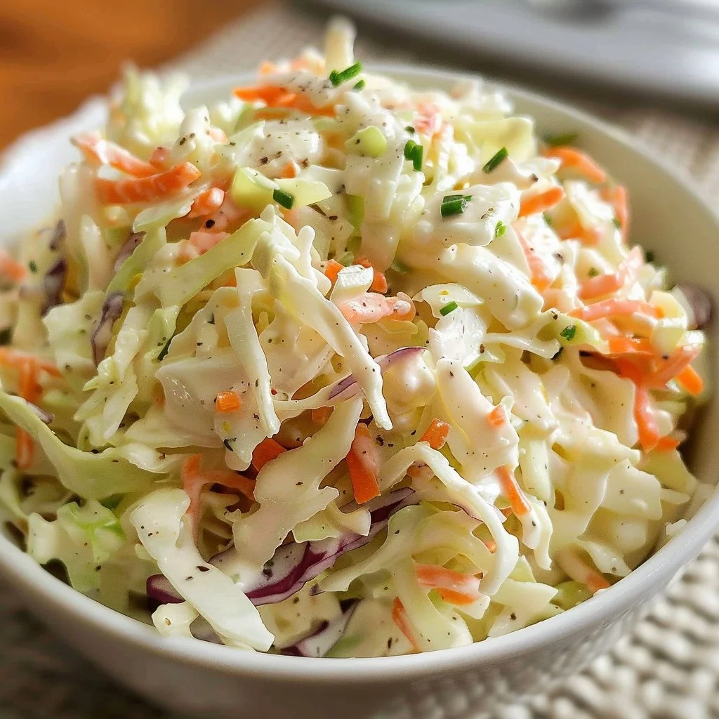 Bowl of KFC coleslaw with fresh ingredients garnished on top