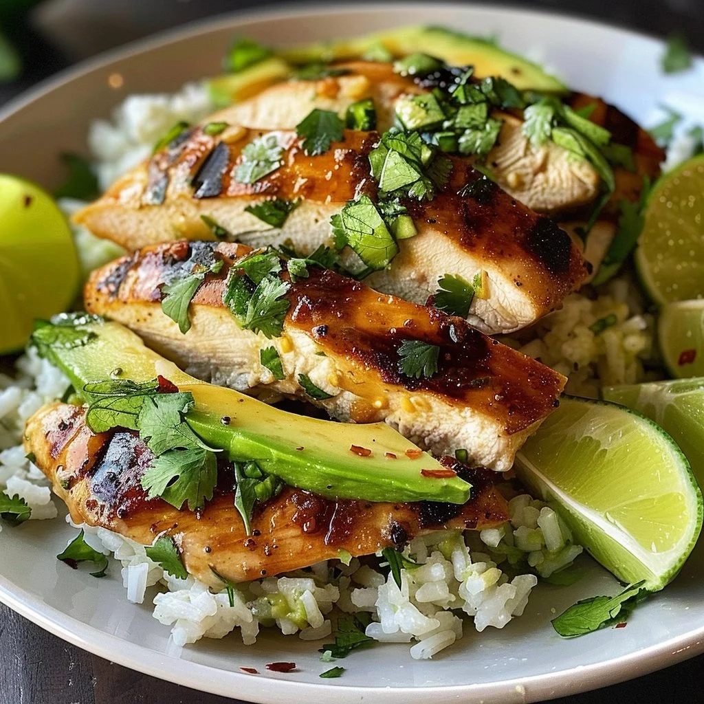 Honey Lime Chicken served with avocado rice for a fresh, healthy meal