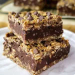 No bake chocolate oatmeal bars stacked on a plate
