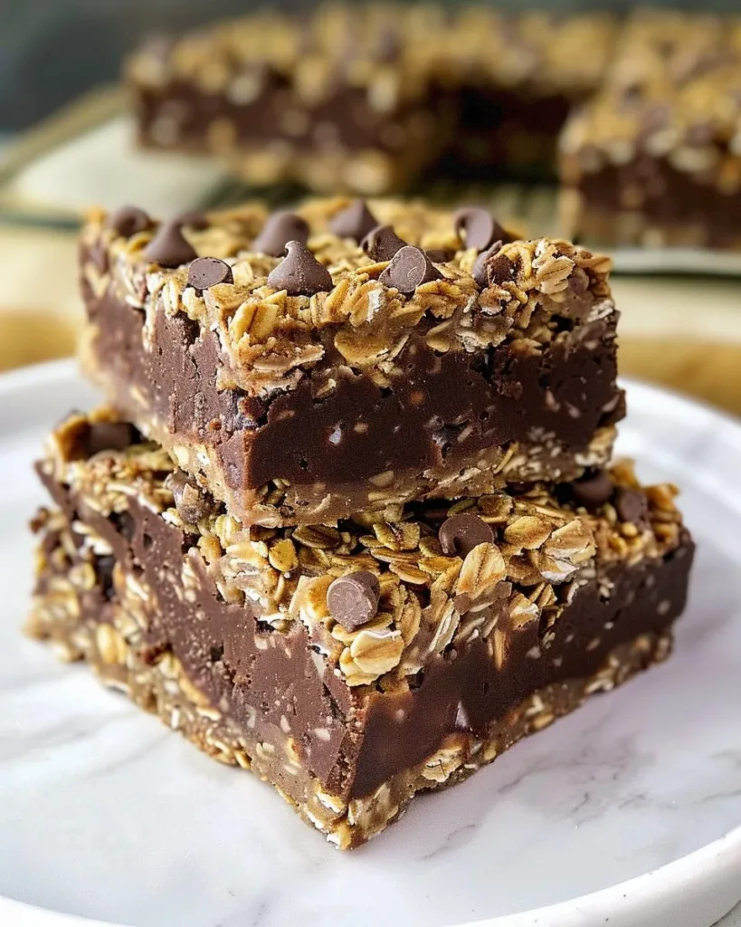 No bake chocolate oatmeal bars stacked on a plate