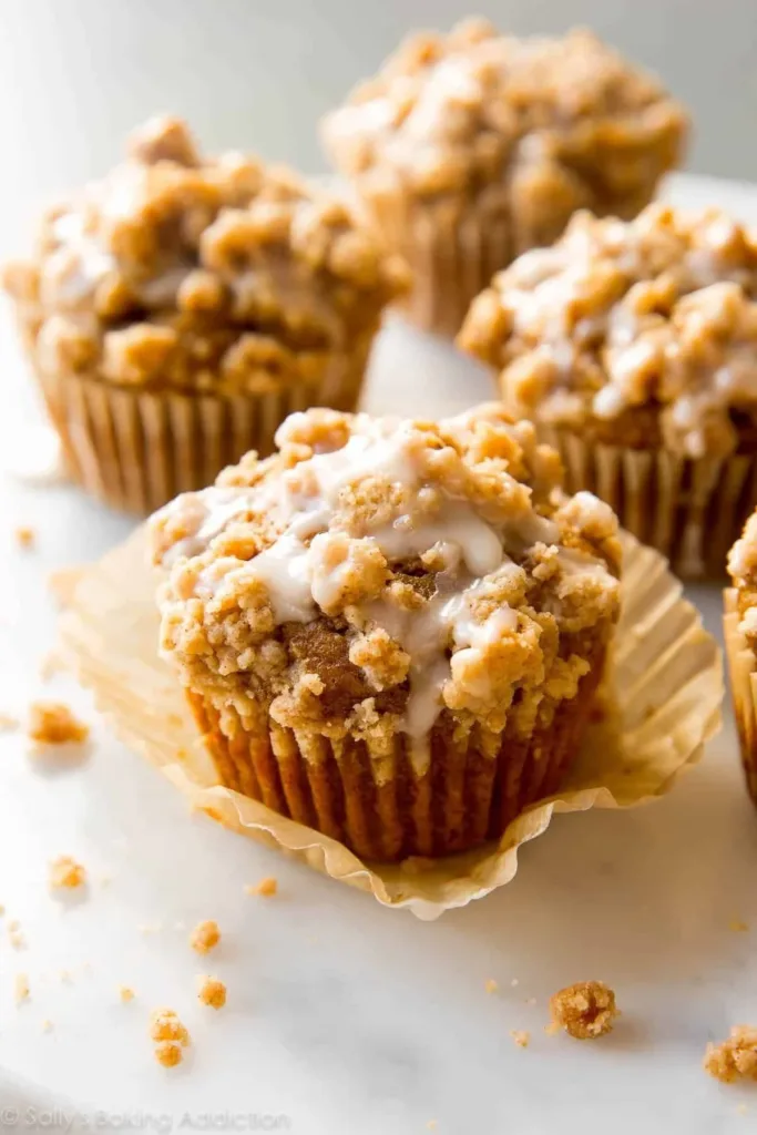 Freshly baked Pumpkin Crumb Cake Muffins with crunchy topping