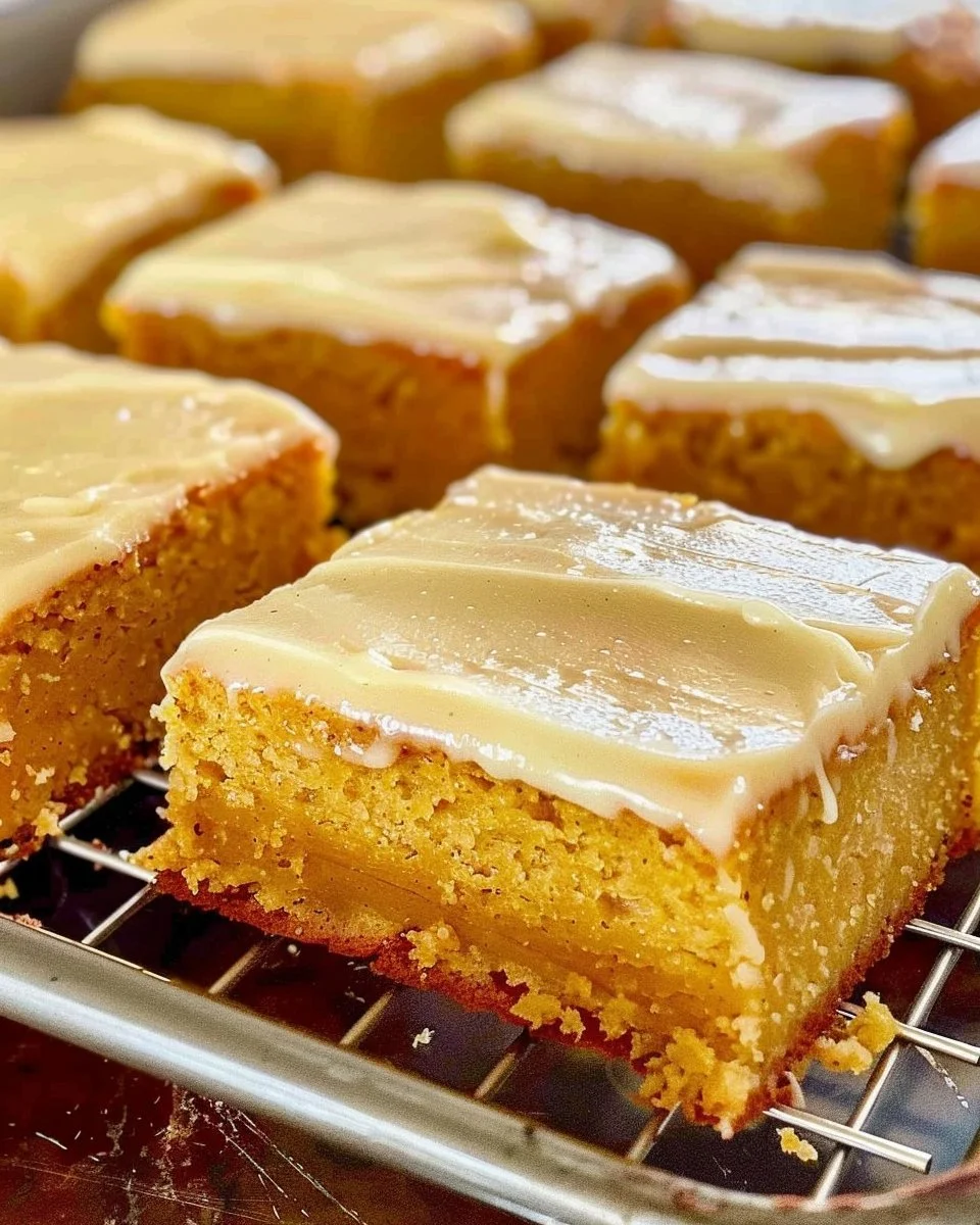 Pumpkin Sheet Cake with Brown Butter Icing on a white plate
