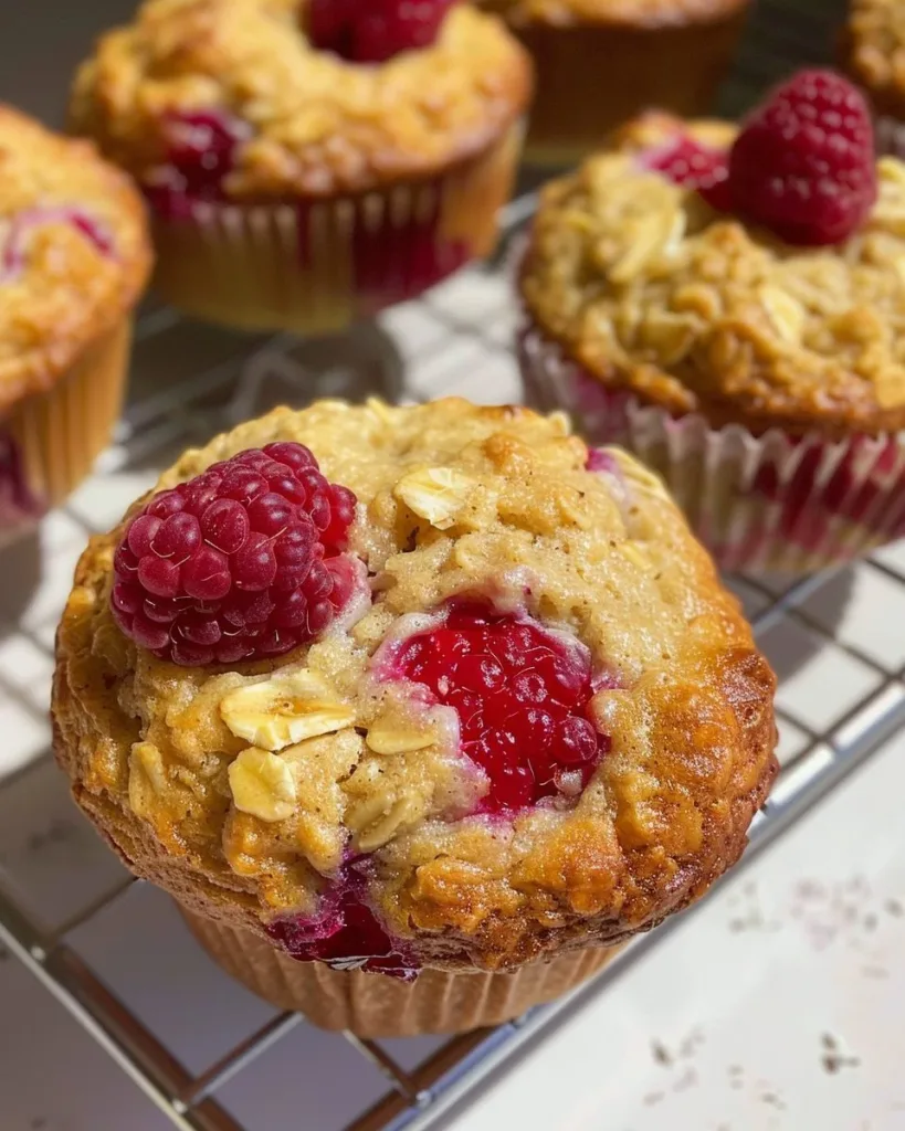 Freshly baked raspberry oatmeal muffins in a rustic setting
