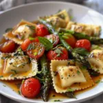 Delicious homemade ravioli with tomatoes, asparagus, and herbs on a plate