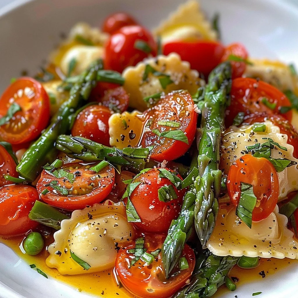 Ravioli with tomatoes, asparagus, and herbs garnish for a flavorful dish