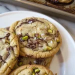 Delicious salted pistachio dark chocolate chip cookies on a plate.