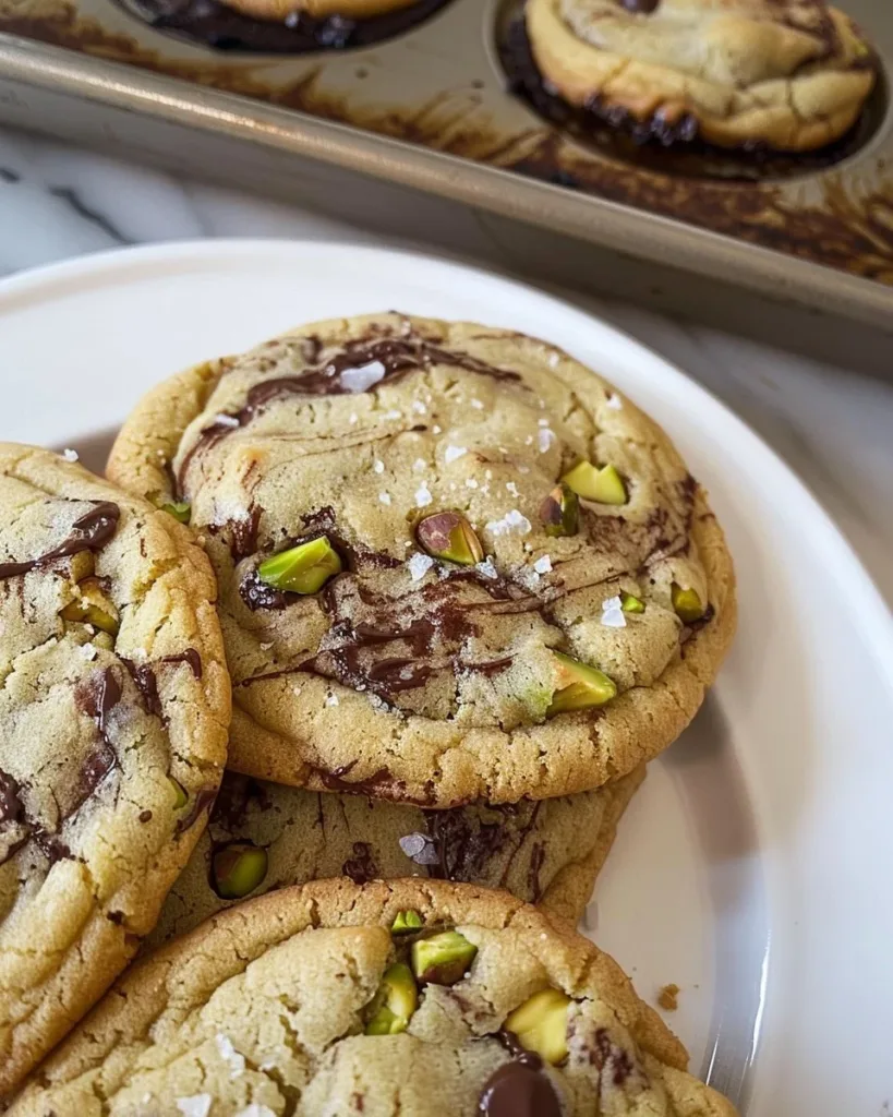 Delicious salted pistachio dark chocolate chip cookies on a plate.