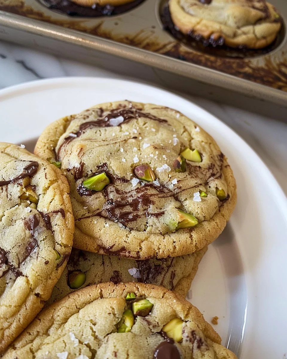 Delicious salted pistachio dark chocolate chip cookies on a plate.