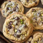 Delicious salted pistachio dark chocolate chip cookies on a plate