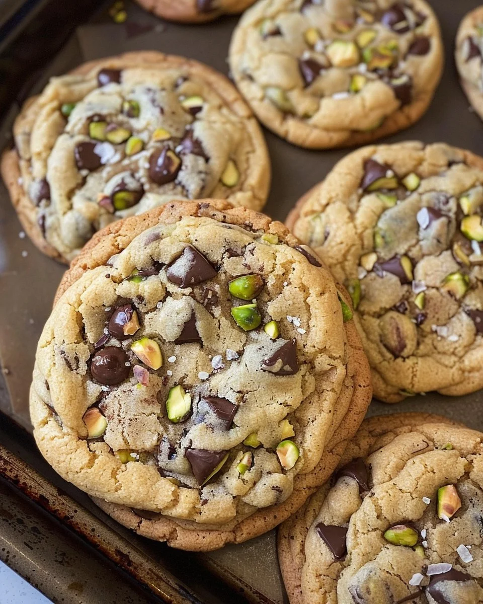 Delicious salted pistachio dark chocolate chip cookies on a plate