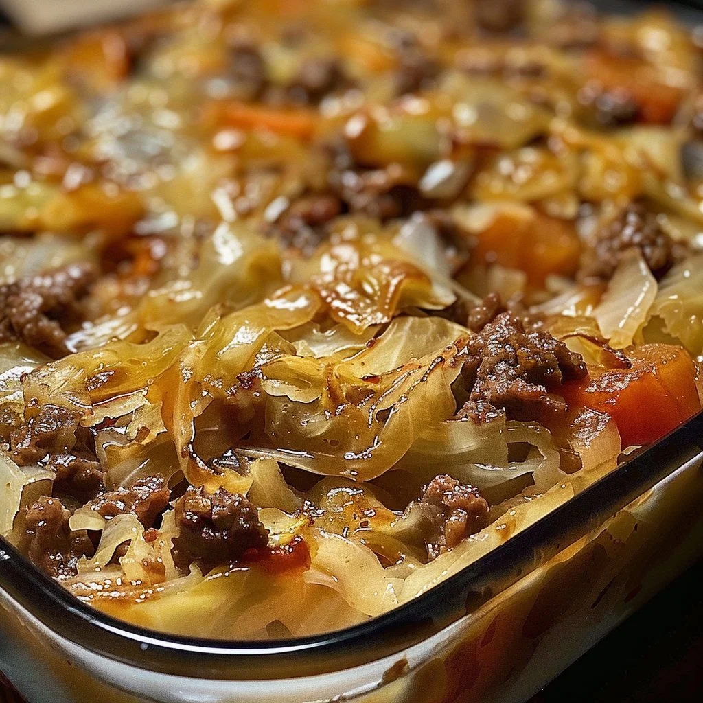 Savory cabbage beef bake served in a dish, garnished and ready to eat.