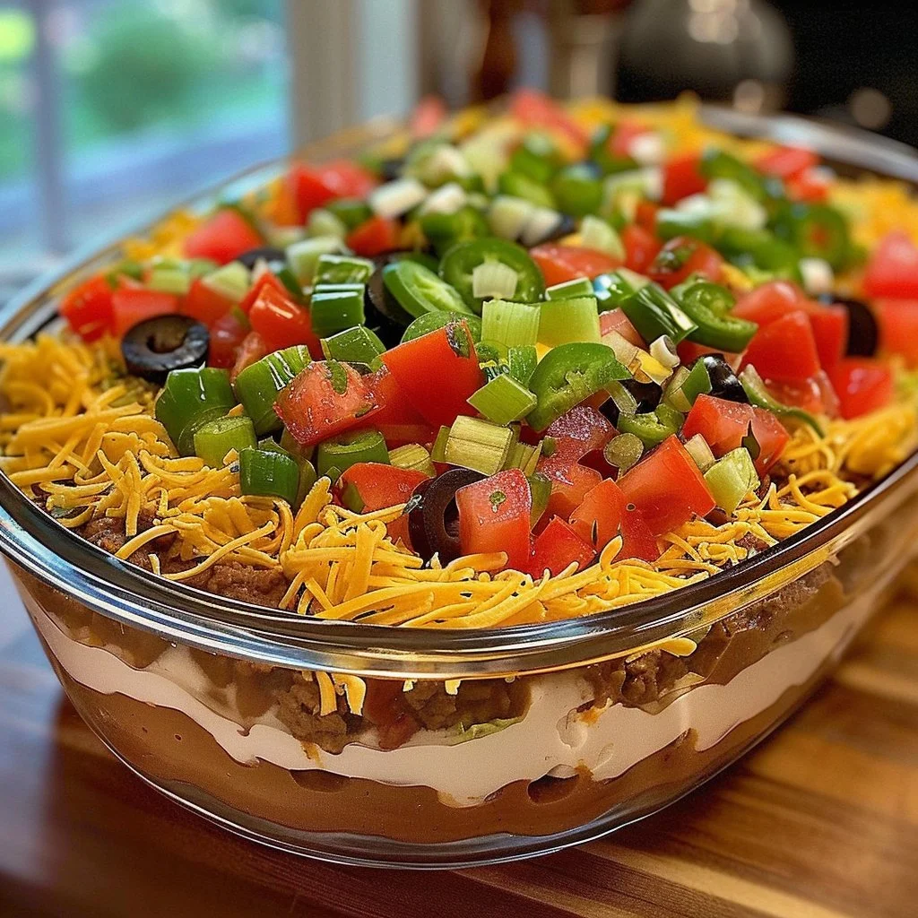 Seven-Layer Taco Dip with colorful layers of beans, cheese, and toppings