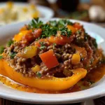 Hearty stuffed pepper casserole beef topped with cheese and fresh herbs