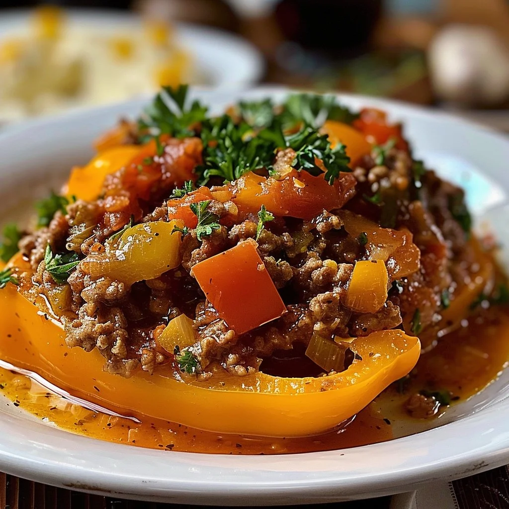 Hearty stuffed pepper casserole beef topped with cheese and fresh herbs