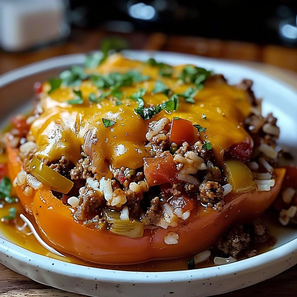 Delicious stuffed pepper casserole beef served in a bowl with colorful bell peppers
