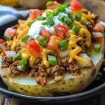 Delicious Taco Loaded Baked Potatoes topped with cheese, salsa, and sour cream