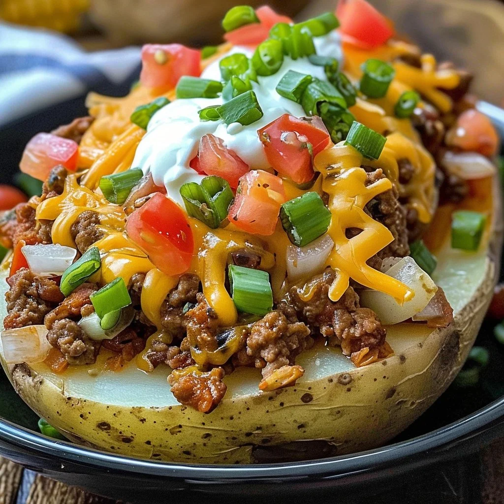 Delicious Taco Loaded Baked Potatoes topped with cheese, salsa, and sour cream