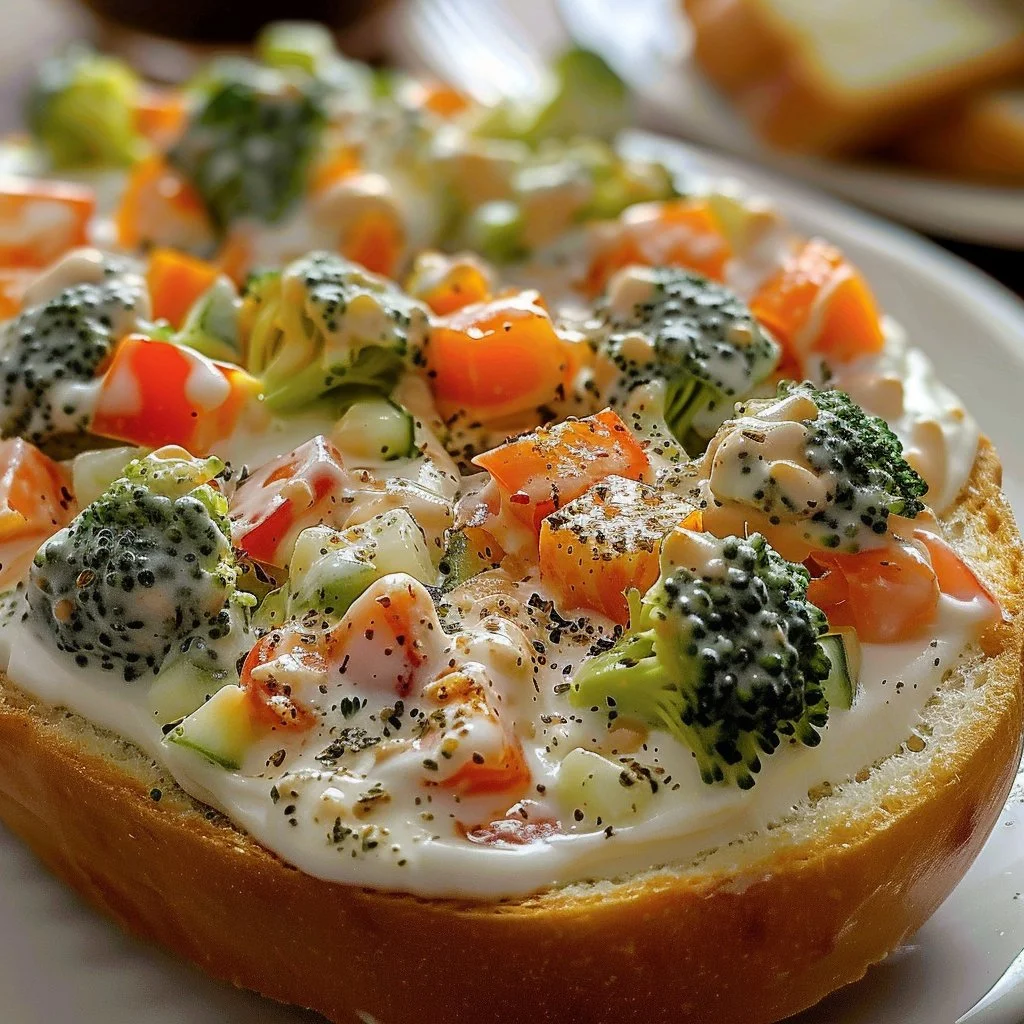 Delicious Veggie Cream Cheese Spread on a bagel with fresh vegetables